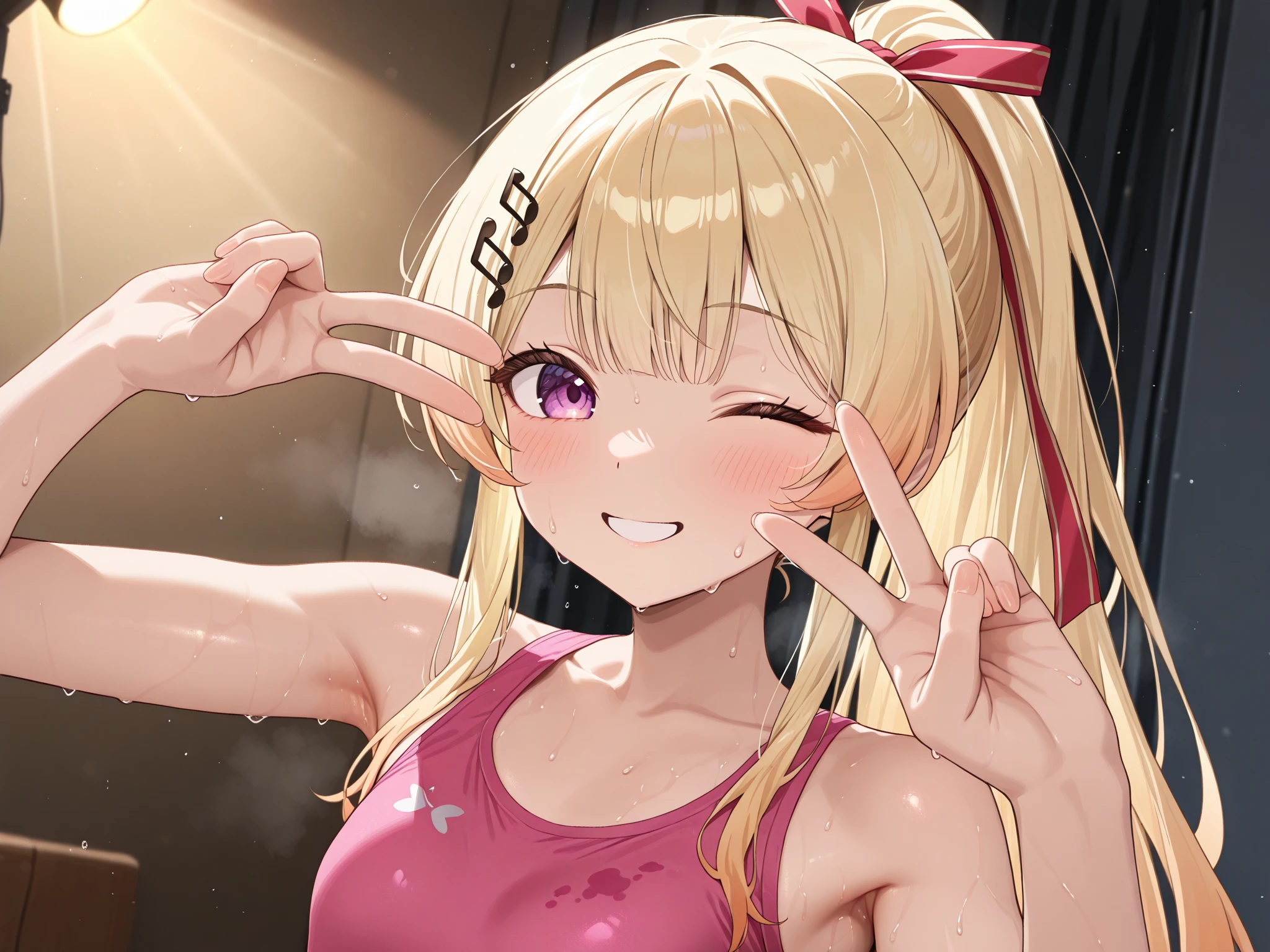 masterpiece, high quality, perfect face, high texture, 1 girl, 1 person, anime, cute face, insane expression, blonde hair, loose hair, long wavy hair, eyes open wide, smiling closed mouth widely, big eyes, round eyes, pink eyes, small breasts, plain white tank top, pink woman short pants, look toward camera, smiling widely, pink bunny ribbon headband