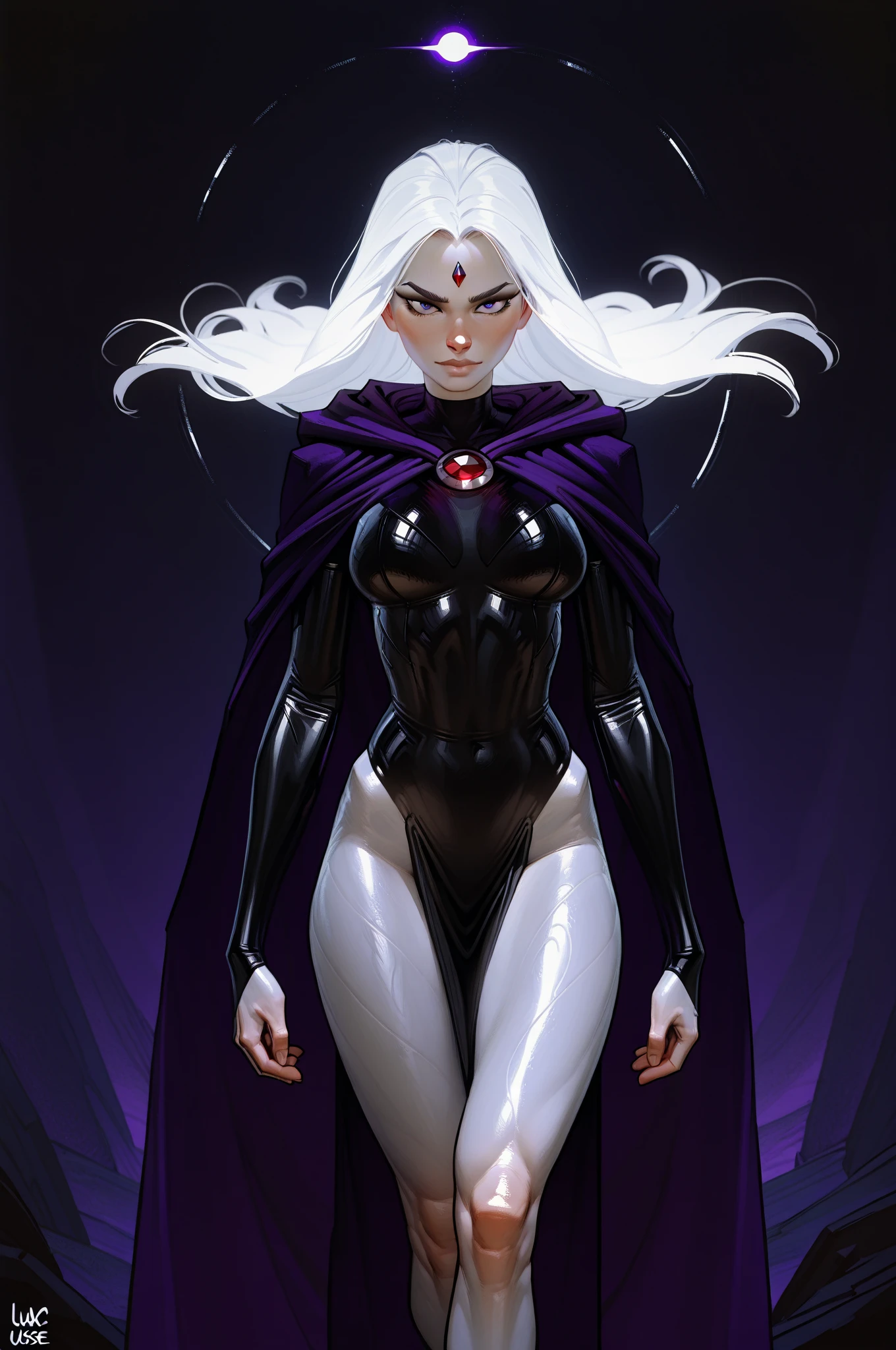 Pirotess dark elf. 1girl, white silver long hair, tellow eyes, white dress, black stockings, white high heels, jewelry necklace, fur coat, portrait