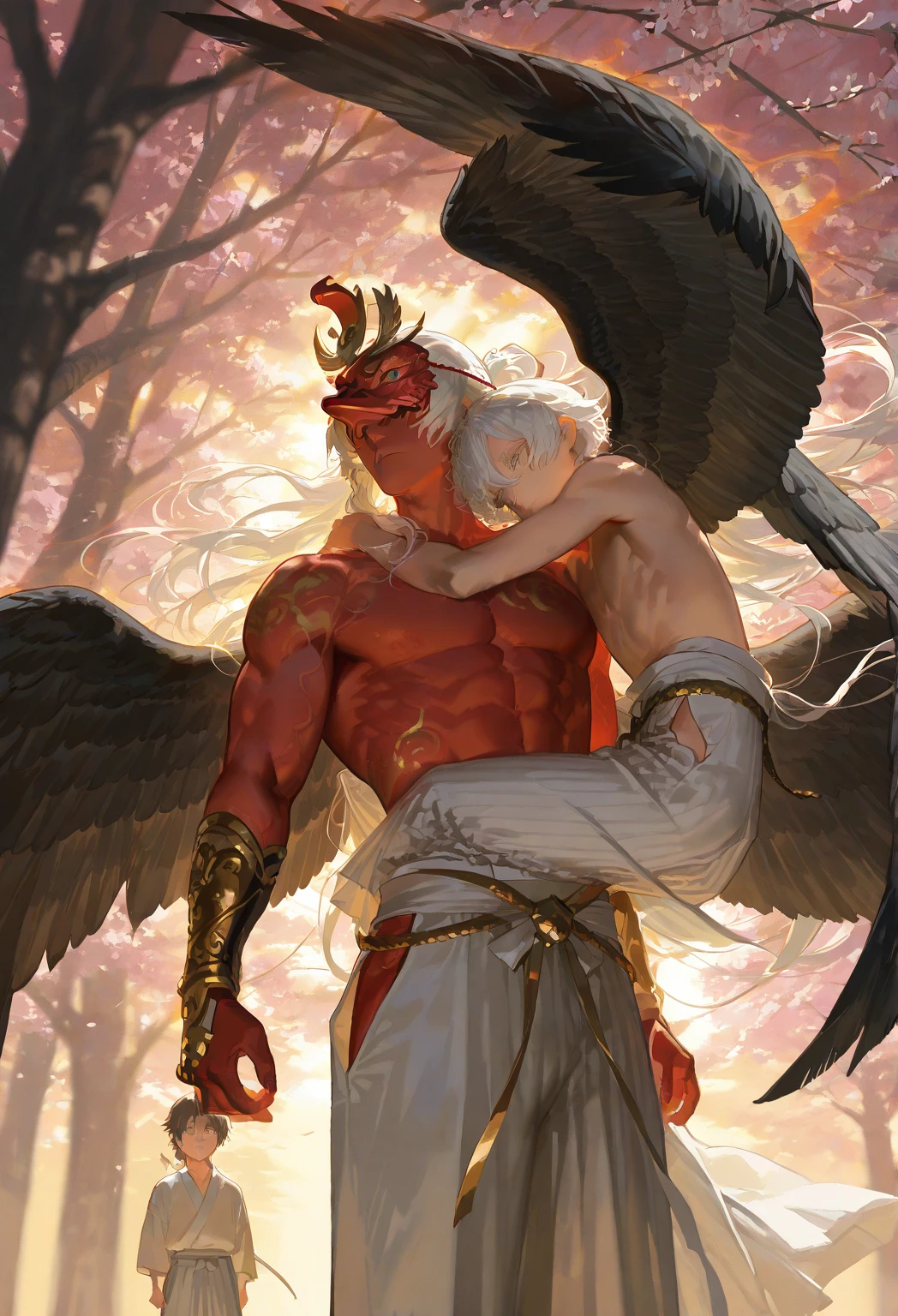 shaved hair, ultra high resolution, best quality, photo, 4k, (photorealistic: 1.4), cinematic lighting, a male angel with large translucent wings, fat man, abdominal muscle, black man looking up, skin texture, portal of the future, volumetric light, HD, magic, god light, backlighting, detailed face, counterparted, smooth skin