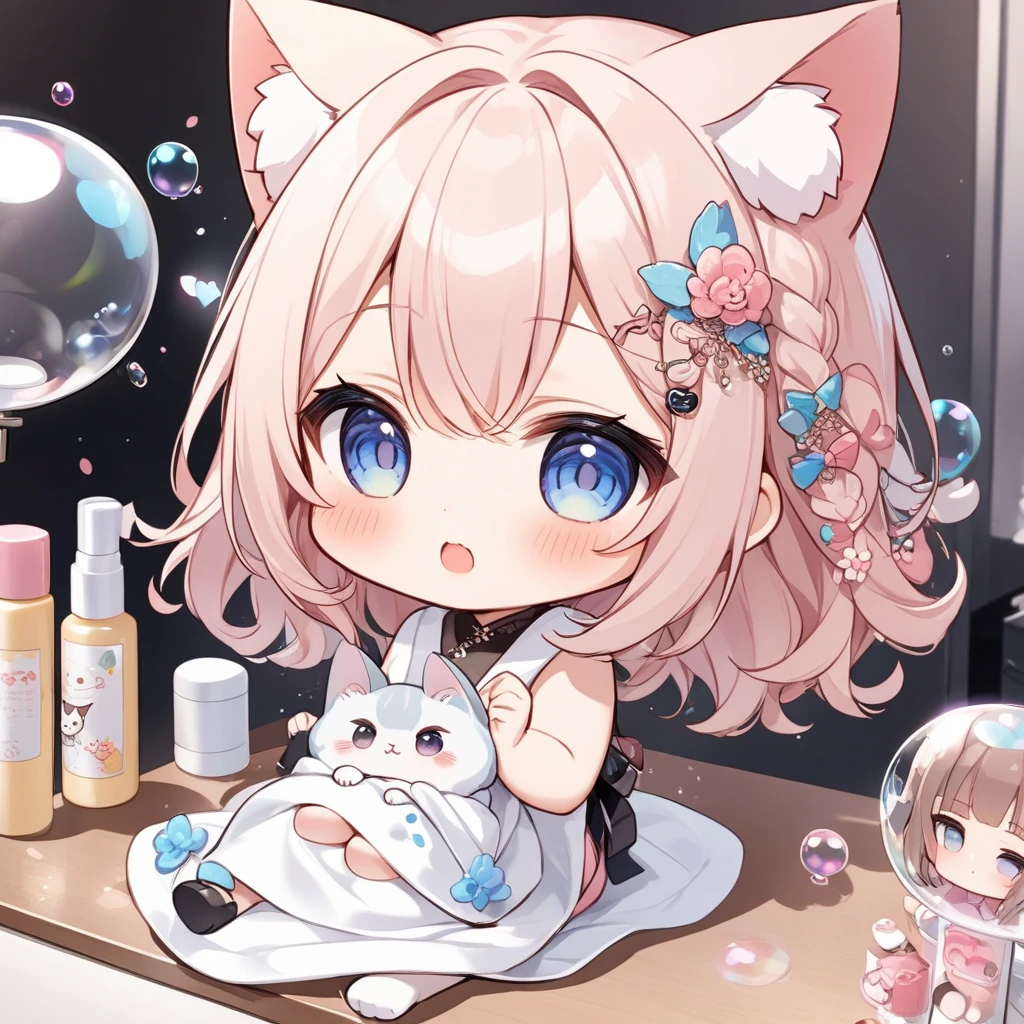 girl,bath time,bath,((foam cat ears:1.3)),((Full of bubbles)),((bubble pattern background:1.2)),smile,cute,close up of face,