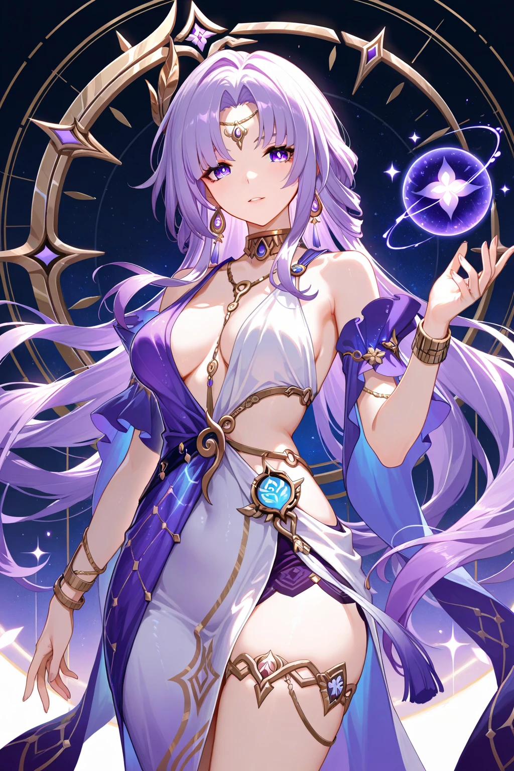 masterpiece, best quality,
lllm, 1girl, solo, long hair, bangs, large breasts, hair ornament, dress, long hair, purple eyes, ponytail, purple hair, pink eyes, white dress, from side, official alternate costume, monster girl, barefoot, jewelry, bracelet, floating, shawl, anklet, heterochromia, navel, clothing cutout, feet out of frame, tassel, floating, holding polearm, hair bun, seductive smile,crossed legs, sitting on object, indoors, from below <lora:lllm:1>