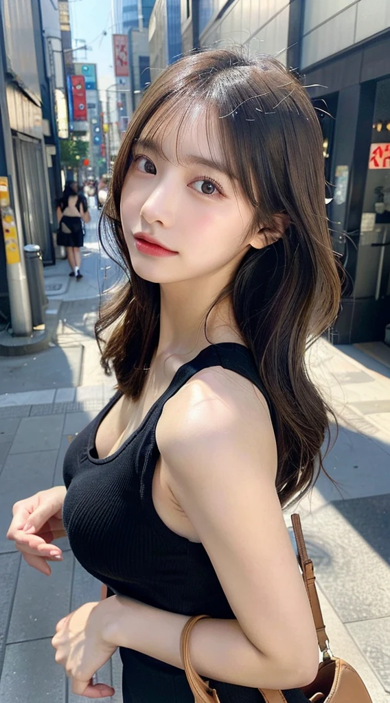 (masterpiece:1.3), (8k, Realistic, RAW Photos, Best image quality: 1.4), (Random Hairstyles:1.2)、Center of chest、(Highly detailed face)、Attention to detail、double eyelid、(Dark Eyes)、(Sharp focus:1.2)、Beautiful woman:1. Old woman、((Black Hair))、Chest-length hair、Highest quality、masterpiece、Ultra-high resolution、(Realistic:1.4)、super high quality、Symmetrical face、The face is very realistic、Photo level、8k最高画質はフル、Sebaceous reflex、The face is very realistic、Extremely realistic skin、Realistic light and shadow effects、Professional Lighting、Sleeveless、((Waist-up portrait))、flare skirt、Cleavage、night、((street:1.2))