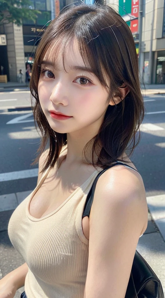((Best quality, 8k, Masterpiece :1.3)), Sharp focus :1.2, A pretty woman with perfect figure :1.4, Slender abs :1.2, ((Dark brown hair, Big breasts :1.2)), (Natural light, City street:1.1), Highly detailed face and skin texture, Detailed eyes, Double eyelid