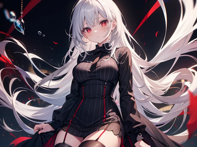 Girl 176 tall, with white long hair, size 2 breasts, red eyes, pale skin, dressed in a black robe, stockings and boots
