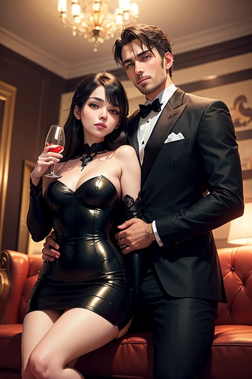 Beautiful lady with big breast, wearing tight luxury transparent fishnet, luxury bustier sexy transparent corset, batik tight long skirt and brunette hair, slim waist, proportional body, standing in front of candle, she is kissing a man with tuxedo, her aura is really beauty, make the picture looks so lovely, masterpiece, full body picture, hyperdetailed, 8k, ambient effect, digital effect