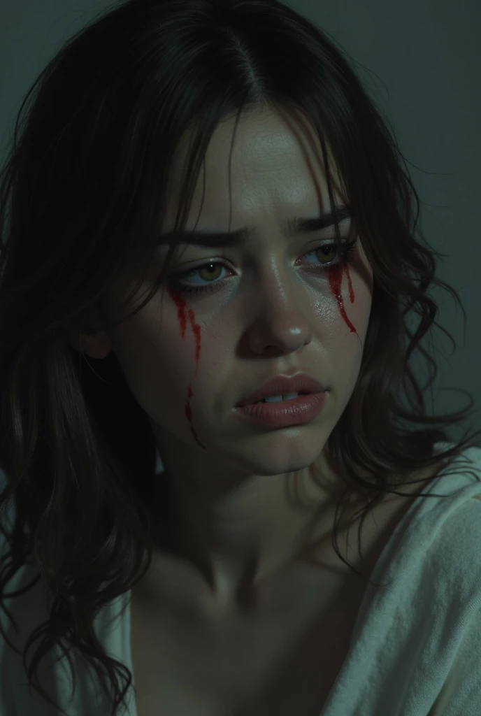 Women, Brown hair, green eyes, lying on the floor, beaten, wounds en la cara, purple eyes, blood, cara pain, pain, room with a lot of papers and things on the floor, disorder, pain, wounds, blood, , ultra realistic, realistic photo, HD, 4k, Photorealism