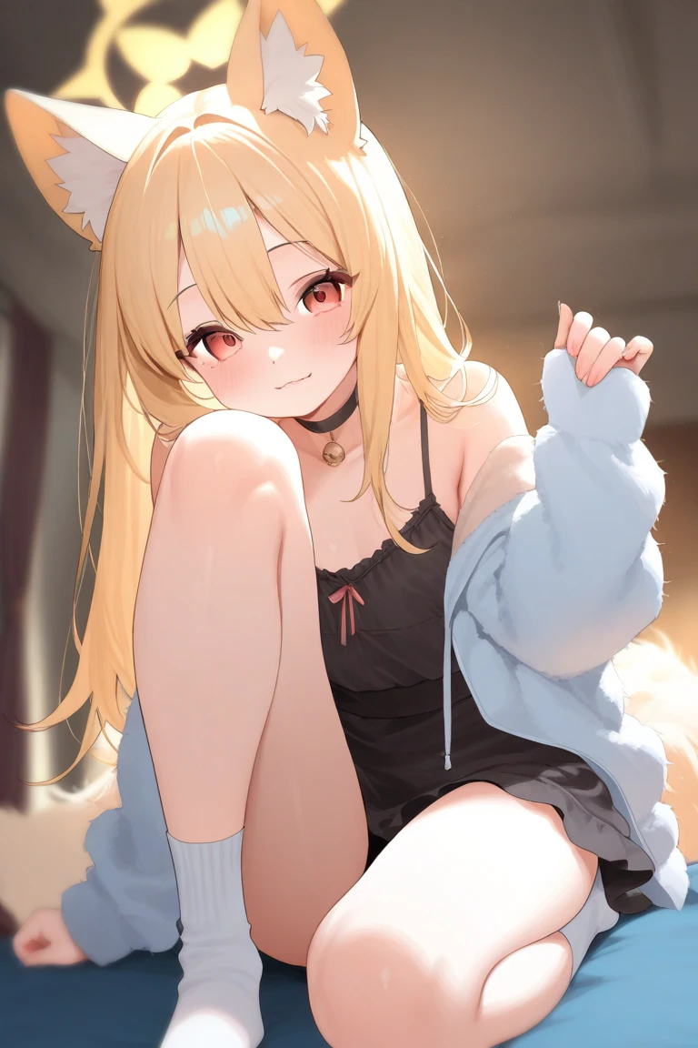 solo, kemono, female, blonde hair, light blue eyes, wear pink bunny hoodie, wear white panties, wear gift on head, left hand grabbing ice cream, blushes, look at camera, smile, sitting in park, park background, night time, snow season