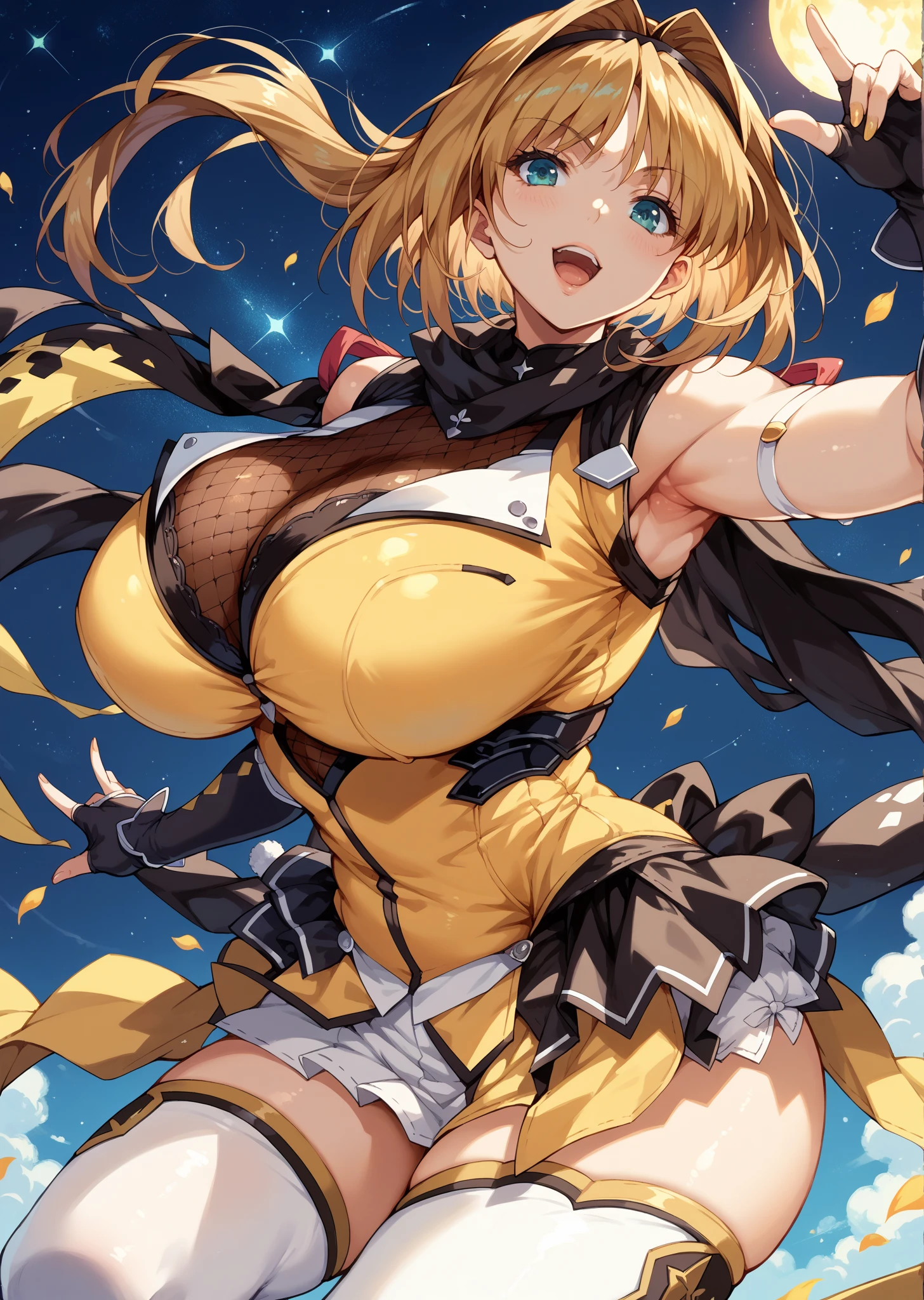 igawa, huge breasts, flipped hair, hair between eyes, blue eyes, blonde hair, igawaoutfit, shiny clothes, fishnets, skin tight, impossible leotard, black leotard, highleg leotard, showgirl skirt, elbow gloves, covered navel, thighhighs,cowboy shot, standing, looking at viewer, outside, tree, sky, night,happy,peace sign