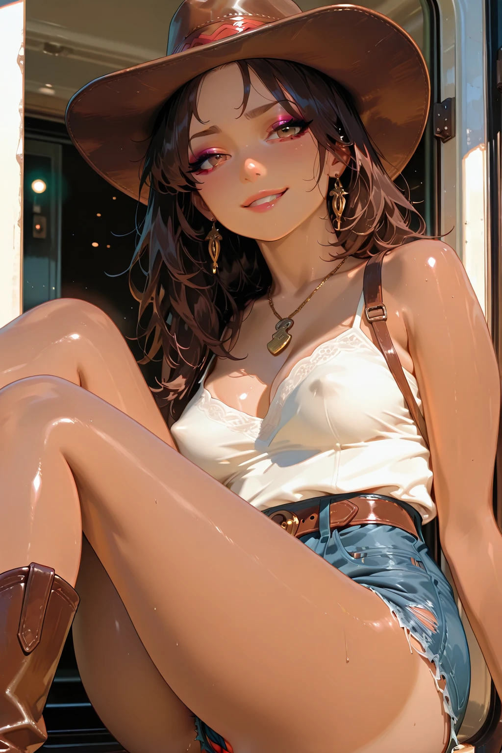 Exquisite (slim) a thin, tender girl of 16 years old with a perfect gentle face of the southern type (with short dark burgundy hair) with freckles (with ruby earring) in the rays of the rising sun, naked with tender bare breasts with pink swollen nipples ((barefoot)) ((in an unbuttoned open burgundy shirt over a naked body and in small burgundy panties)) (on the veranda in the garden) Drinks ((coffee)) and looks at the flowers, in watercolor style, discreet light shades, Flares, (imitation of film photography), against the sun, a lot of sun glare, light fills the frame, olive and grape groves, strong wind, Brick Road, high image quality, Maximum detail, sunset lighting, Warm evening shades, (warm golden and olive sunset light), big space eyes, olive and grape groves, Brick Road, ((чашки с coffee и coffeeйники у домика)), (brick house), (coffee)