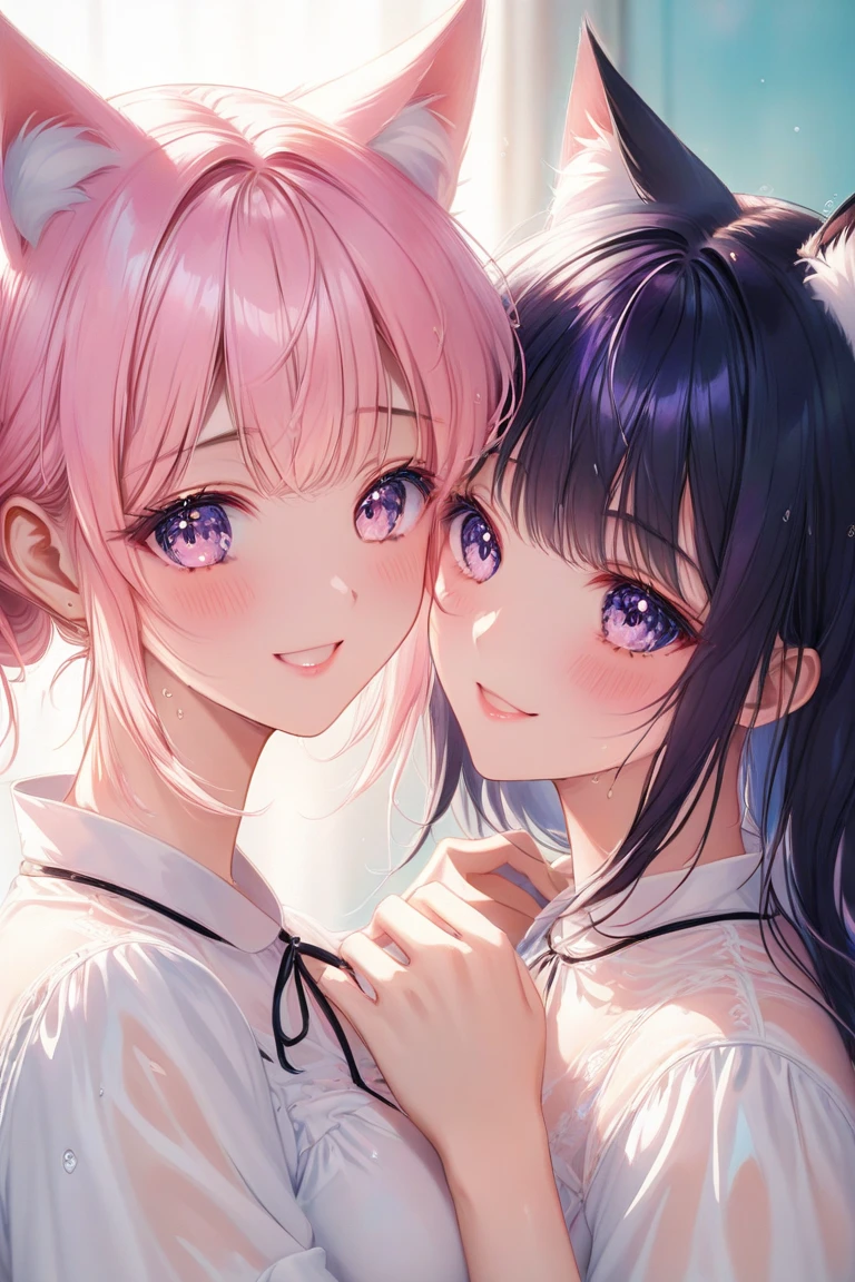 ( 2girls:1.5), (Twin girls, the same face, the same hairstyle, the same eyes, symmetrical posture, cheek-to-cheek,holding hands:1.5).2girls with closs hair pin,pale purple hair,wavy two braids,blunt bangs hair,green and black eyes,girls are wearing
pink shirt,cosplay, jirai kei, bangs, black skirt, black bow, looking at viewer, bow, long sleeves, choker, ribbon,pink lips, :1.4), (masterpiece:1.3), anime visual, (Lovey-dovey:1.5), (tilt head:1.3), extremely delicate face, soft clean focus, realistic lighting and shading, (an extremely delicate and beautiful art:1.3), elegant, (muted colors:1.1), small breast,slim,The Moulin Rouge in Paris, mysterious pink light, a slightly dark room,,smiling,night lit,