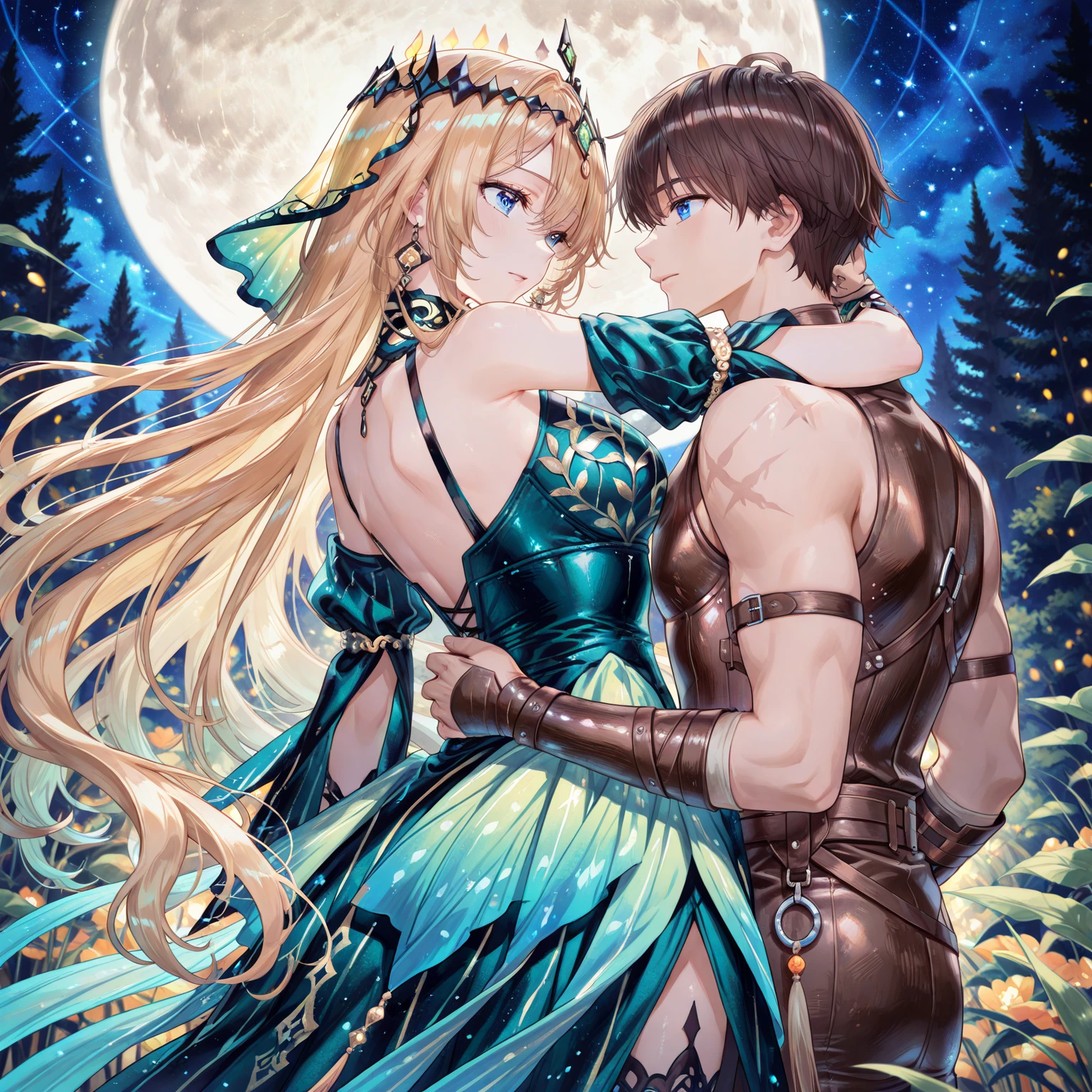 Ultra detailed, Highres, absurdres, HDR, master piece, Diarmuid Ua Duibhne, black hair, expressive yellow eyes, mole under his eye, Arthuria Pendragon, blond hair tied in a bun, expressive green eyes, Fate Grand Order, a handsome man together with a beautiful woman, couple, love, extremely detailed eyes and face, water, pink flowers, blossoms, petals, fantasy, magic, best quality, sexy, knight black clothes