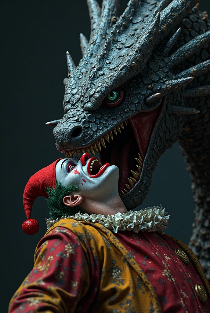 The image of two people.
A 6 reptilian-faced sinister boss being combed by his young clownish lackey.