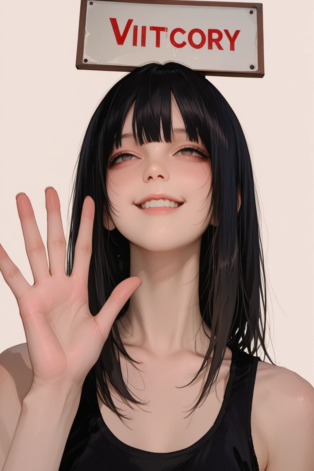 score_9, score_8_up, score_8, source_anime, 1girl, <lora:Eveline:0.75> solo, flat chest, skinny, white skin, pale skin, long hair, black hair, black dress, short sleeves, hair over one eye, v sign, smile,
simple background, light blue background,