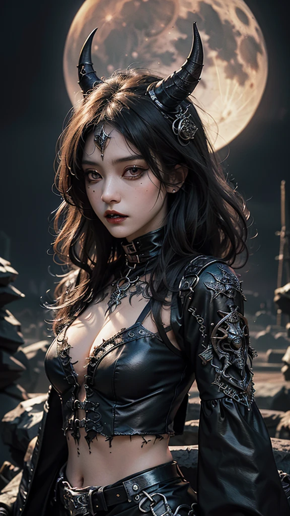 8K, ultra HD, very detailed, masterpiece, 1 girl, good face, dark eyes, dark lips, medium beasts, (detailed metal outfit:1.5), ( deviilgolden outfit:1.5), bare waist, darkness, moon background, scary scenery,
