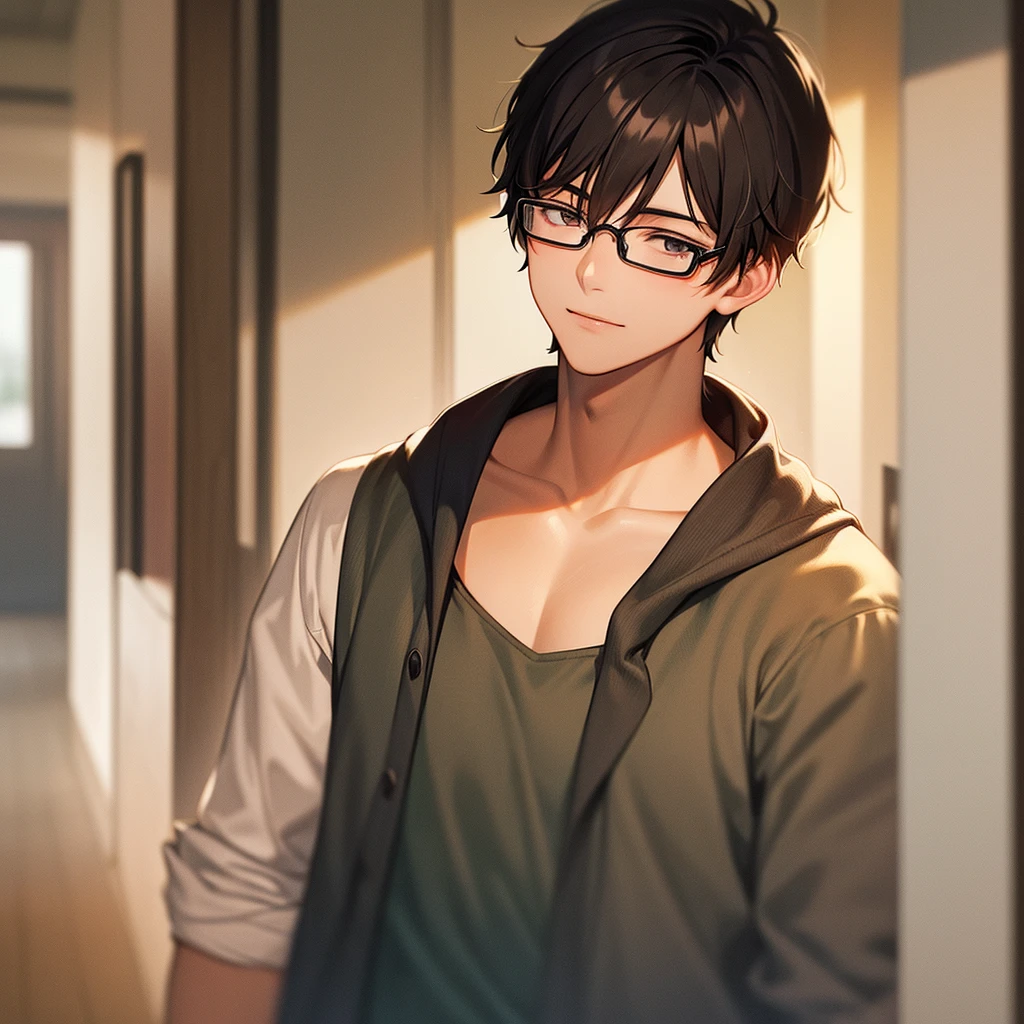 1man in his 20's. brown hair. green eyes. Medium tanned skin. lots of freckles, glasses. Fluffy dark brown hair, pierced ears. Strong looking. Wearing modern style clothes. In a bedroom. Relaxed expression. Masculine. Slightly flirty. Wearing stud earrings, a loose brown sweater, and black sweatpants.