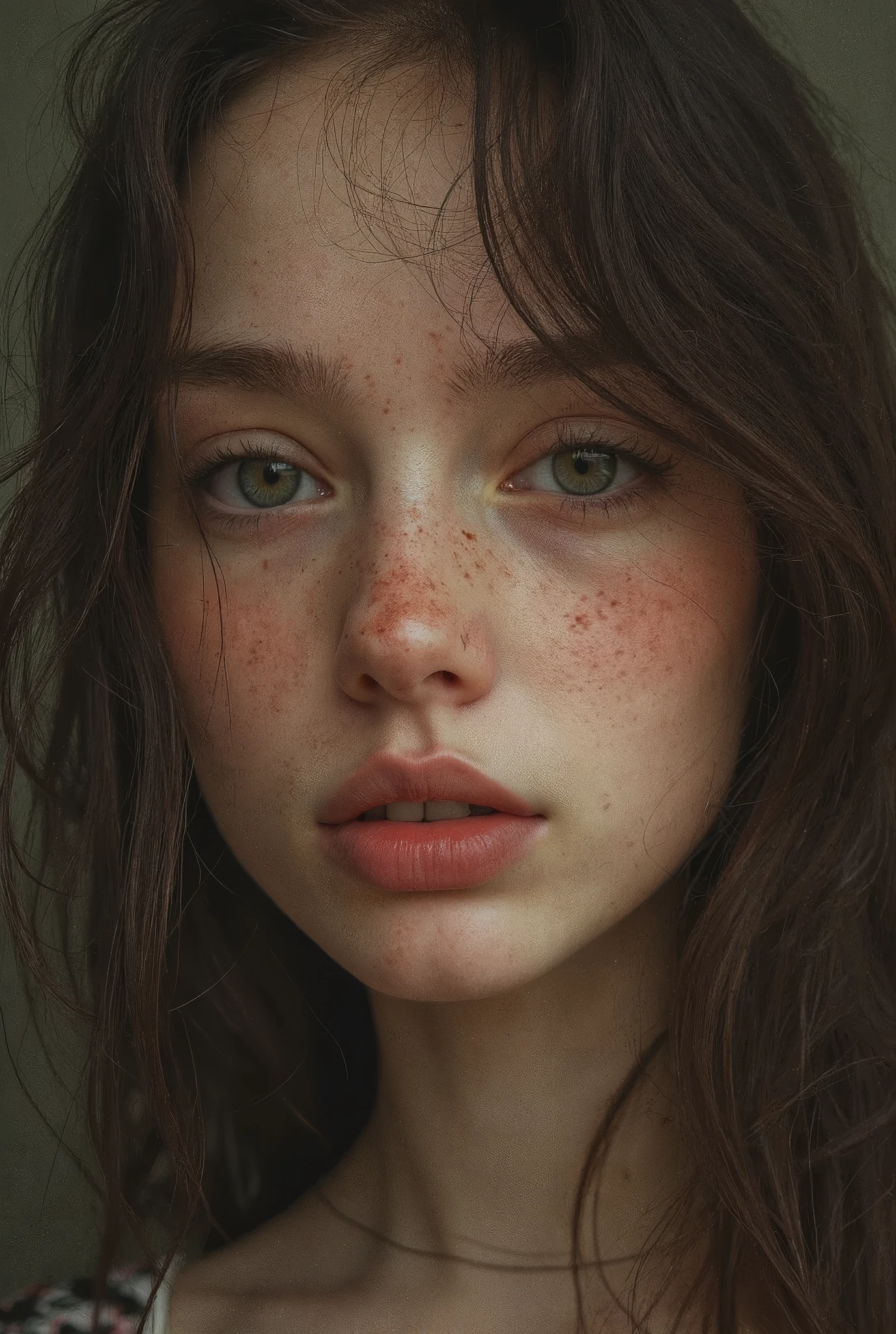 Portrait of a young woman with a pale complexion with scattered freckles on the bridge of her nose and cheeks. His hair, of an intense brown , falls in loose layers up to the shoulders . Large deep green eyes with a melancholic expression and a look slightly lost on the horizon. Her lips are thin and pink, with a slight downward curve. realistic style, Detail, full 4k Hd .