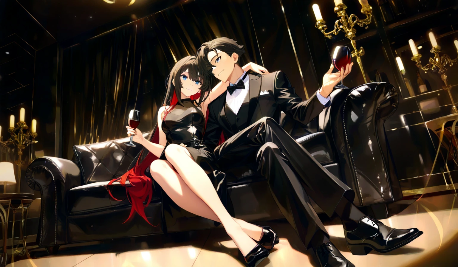 A man puts his arm around a woman,Walk in the lobby of the hotel,Evening days,Hotel Lobby,Fine facial depiction,Detailed costume portrayals,hyper HD,Red skirt,8K,Faraway view,Full body photo。