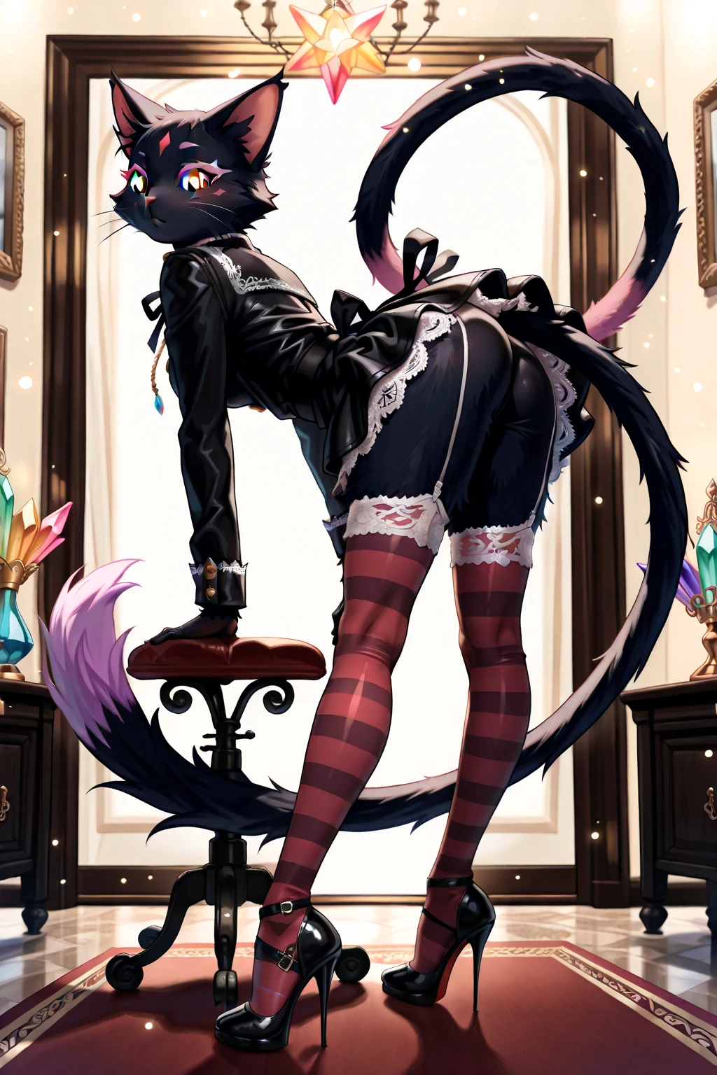 Masterpiece, best quality, absurdres, ((1girl)), , menat_holiday, light smile, dark skin, Green eyes, egyptian, bob cut, red dress, (black hood), black gloves,(shiny thighs),, , bare shoulders,sexy thighs,(((beautiful leg))),((solo)),panty shot,evil smile,,,in bedroom,upskirt,camel toe.one leg up,,stretching,parted lips,lip,tail