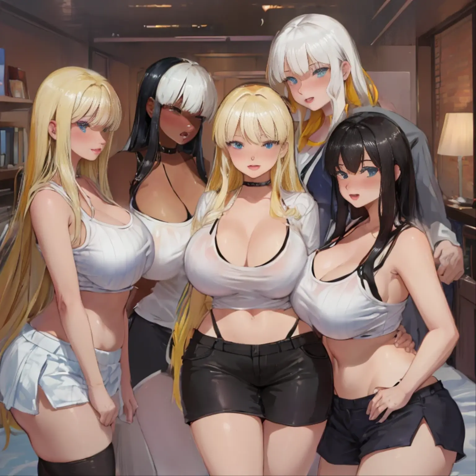 female、1 male、(european:1.2)、(blonde)、(Super beautiful)、(beautiful face:1.5)、30 year old womanl、gray blazer、(short skirt)、white shirt、large bedroom inside mansion (A single black man laying on his back, in-bed wearing shorts, in-center of composition) A diverse group of five young adult Americans, representing different ethnicities and characteristics, wearing yoga-pants and tank-tops, displays their unique beauty with perfect bodies, large breasts, wide thicc-hips, Among them, there are blonde young adult girls with auburn hair, emanating an air of natural elegance. Brown young adult girls with silky locks and a captivating sheen show off their exotic beauty. Also present are black young adult girls with stunning curly hair, highlighting their authenticity and cultural pride, (the women surround a singular BLACK MAN with short-hair, from all sides) (in a bed) the women kiss the singular Black Man, touch the singular Black man, masterpiece, high details, high quality, best quality.