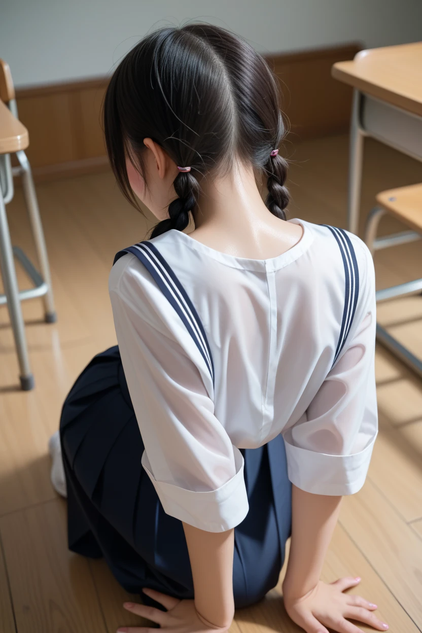 （highest quality）、（（One teenage girl, junior high school student, female student））、Wearing black glasses、ponytail、Sailor suit、public junior high school、toilet、Place your right hand on the wall、Please bend your legs、Lower your waist、（（Pull down your pants with your left hand））、Perfect Ass、Composition looking up from behind、Composition looking up from below、Laughter、Looking Away、is open