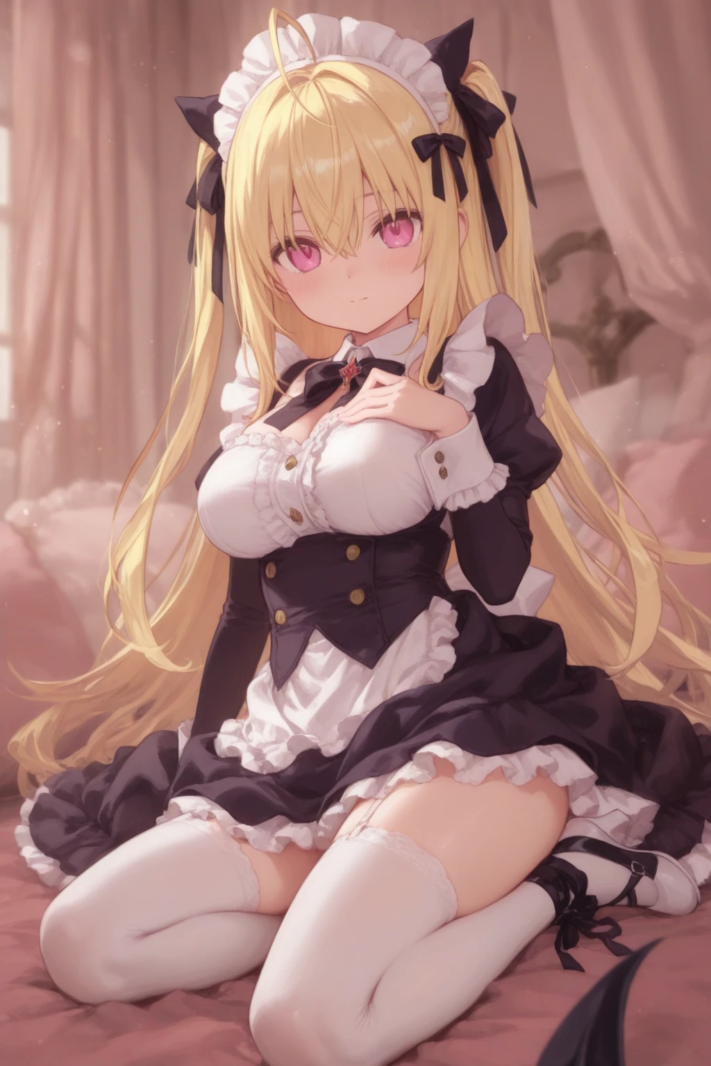 ((masterpiece, best quality)), intricate details, 1girl, full bodyshot,body photo from the front, nsfw, Watame Base, long hair, blond hair, ahoge, hairclip, sheep horns, sheep ears, white dress, sleeveless, arm band, thigh strap, (open clothes, bare breasts, show off nipple, black thighhighs sweating), boob sweat, bedroom, knees to chest, spread legs, feet up, black panties, panty shot, skirt lift, embarrassed, looking at viewer, breast focus