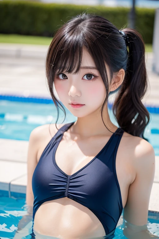 School poolside,school navy blue one-piece swimsuit,Close up face,One woman,masutepiece, The highest image quality, High quality, the background is clear,Beautiful woman, Japanese, Detailed, Detailed eyes, Detailed skin, Beautiful skin, 超hight resolution, (reality: 1.4),Very beautiful woman, Slightly younger face, Beautiful skin, slender, (Ultra photo realsisim), (hight resolution), (8K), (Very detailed) (beautifully detailed eyes), (super detailed), (Detailed face), view the viewer, Fine details, Detailed face, Staring straight ahead, Staring straight ahead, photos realistic, Bright lighting, Professional Lighting, Black hair,poneyTail,a baby face,fourteen years old,Hairstyle: ponytail,Long ponytail hairstyle,slight smile,neat and tidy clothing,Beautiful Japanese KPOP idol photo, hair style is ponytail, my eyes are double and wide, baby face, smile and look straight ahead, slender, small breasts,Close up face,