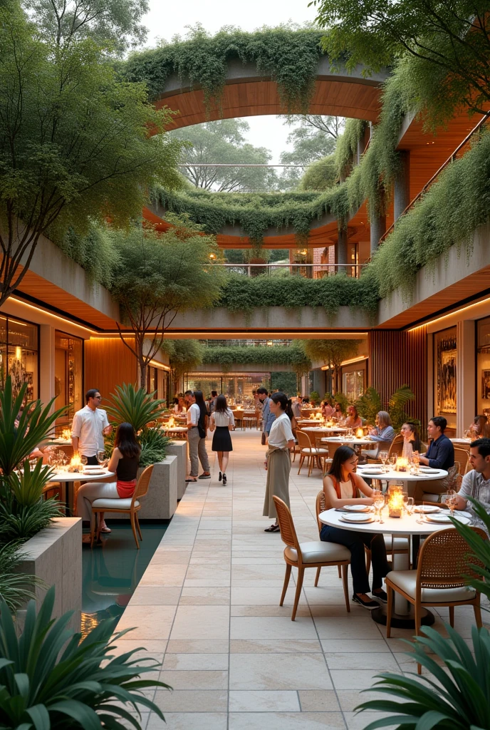 Corridor outside, outdoor, beautiful tropical landscape cafes, stunning flowers, a small pond, benches bar coffee outside , beautiful lighting, ((sunset)), high quality, masterpieces, white umbrellas 