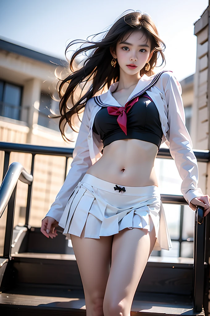 (top-quality, 4K picture quality, ​masterpiece, Professional lighting without shadows, A hyper-realistic), perfect anatomia, Two girls, ( with perfect body、Colossal breasts with tension:1.2), Bright and even whitening skin without wrinkles and steps, (Reflects a lot of light with bright and beautiful blue eyes with long eyelashes and plump red tear bags:1.2)、 Cute hairstyles, (Schoolgirl uniform gets wet and sticks to the skin, A tight-fitting blouse made of white ultra-thin fabric covers the upper body,、Dress up with a super short super mini pleated skirt), (The skirt is too short、The crotch and buttocks are exposed:1.5), (She proudly shows off her huge breasts and crimson ribbon tie from the front), (Another girl on the other side、- She is showing off her bare buttocks from directly behind), (sleepy half-eyes),