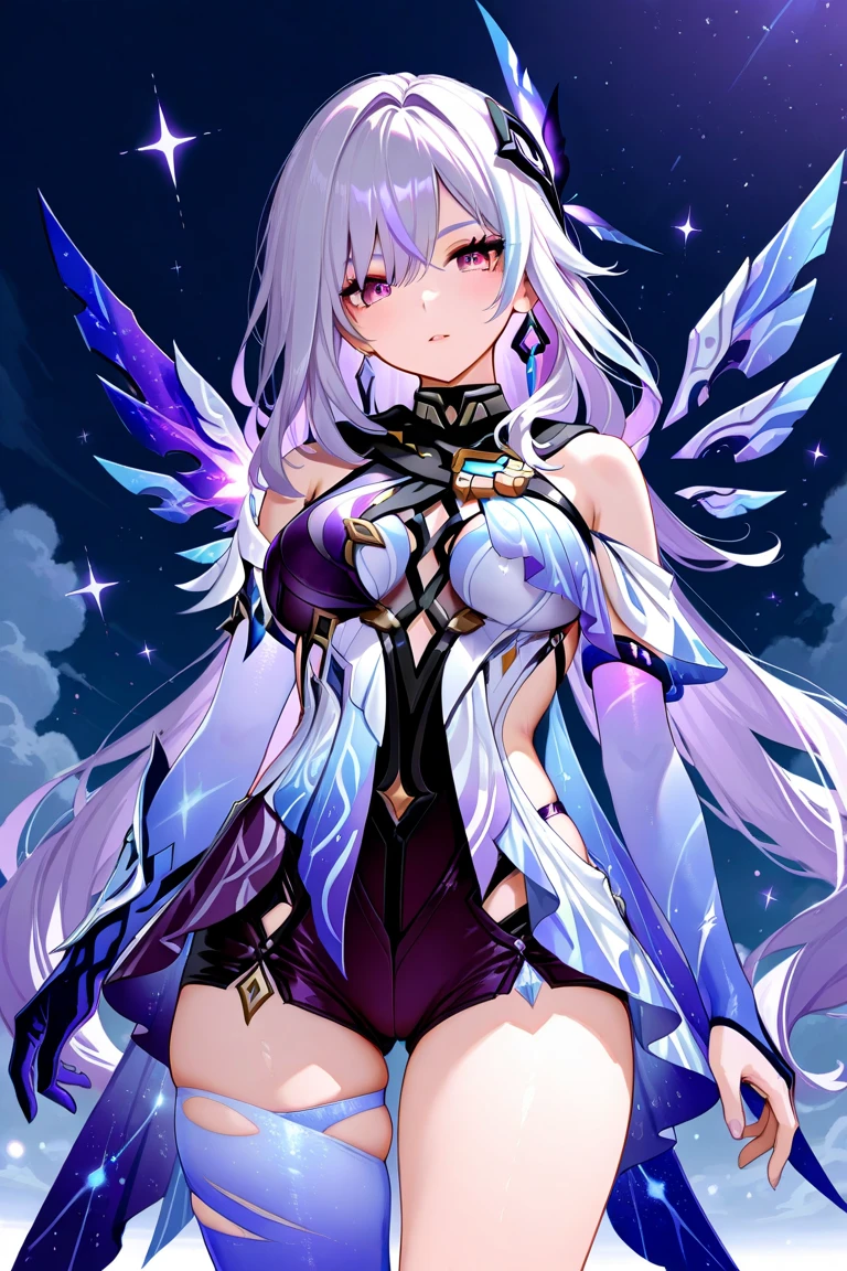 (masterpiece、highest quality, big, very detailedティッカーユニティ、8K、wall , Depth of written boundary, Ultra-fine illustration:1.5)、。.。.3D, very detailed, (Full body Esbian、mecha dress girl:1.3), battlefield, Hawken, shy smile, open your mouth、short ponytail hair, (purple hair, Deep purple eyes:1.2), sparkling eyes, Embarrassingly cute type face, cute type, big breasts, delicate hair, messy hair, she looks up at the aurora borealis across the arctic night sky、shiny hair, shiny skin, (Symmetrical mechanical winetallic colored mechanical wings that are widely expanded to the left and right so that they protrude bigly from the screen, bite, white hair ornament), (particles of light, cinematic lighting: 1.But pink lips: 0.8), by Yusuke Murata.