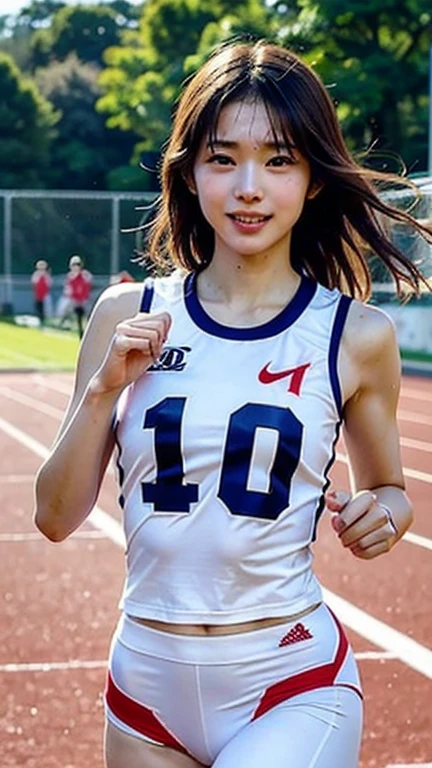 (Highest quality, masterpiece), (Beautiful 11 year old Japanese girl), (freckles:0.6), ponytail, smile, garden, Track and field athlete