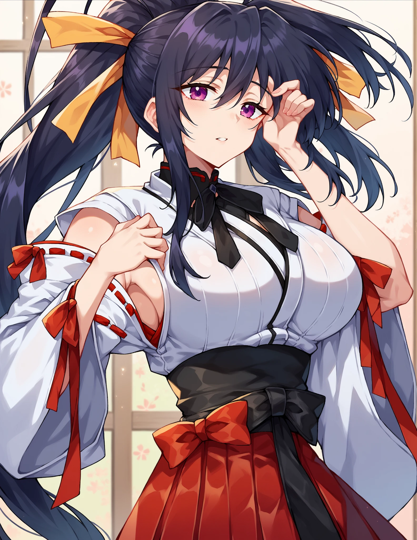 With (cat ears) perched atop her head and a (cat tail) swaying behind her, she dons an elegant (kimono) adorned with a red sash and intricate gold embroidery. In her hand rests a (obsidian katana), glistening with a dark allure. Beneath the graceful attire, bodysuit under kimono, accentuating her curves. Her (ponytail) cascades down her back as her (red eyes) exude an enchanting allure. A sense of seduction emanates from her, enhanced by her ample bosom and the allure of (pantyhose).