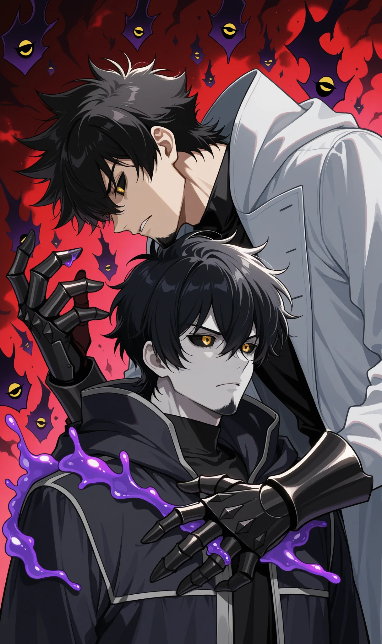 dark aura, hell, male, red eyes, bats, blood, dark red hair, chain, spikes