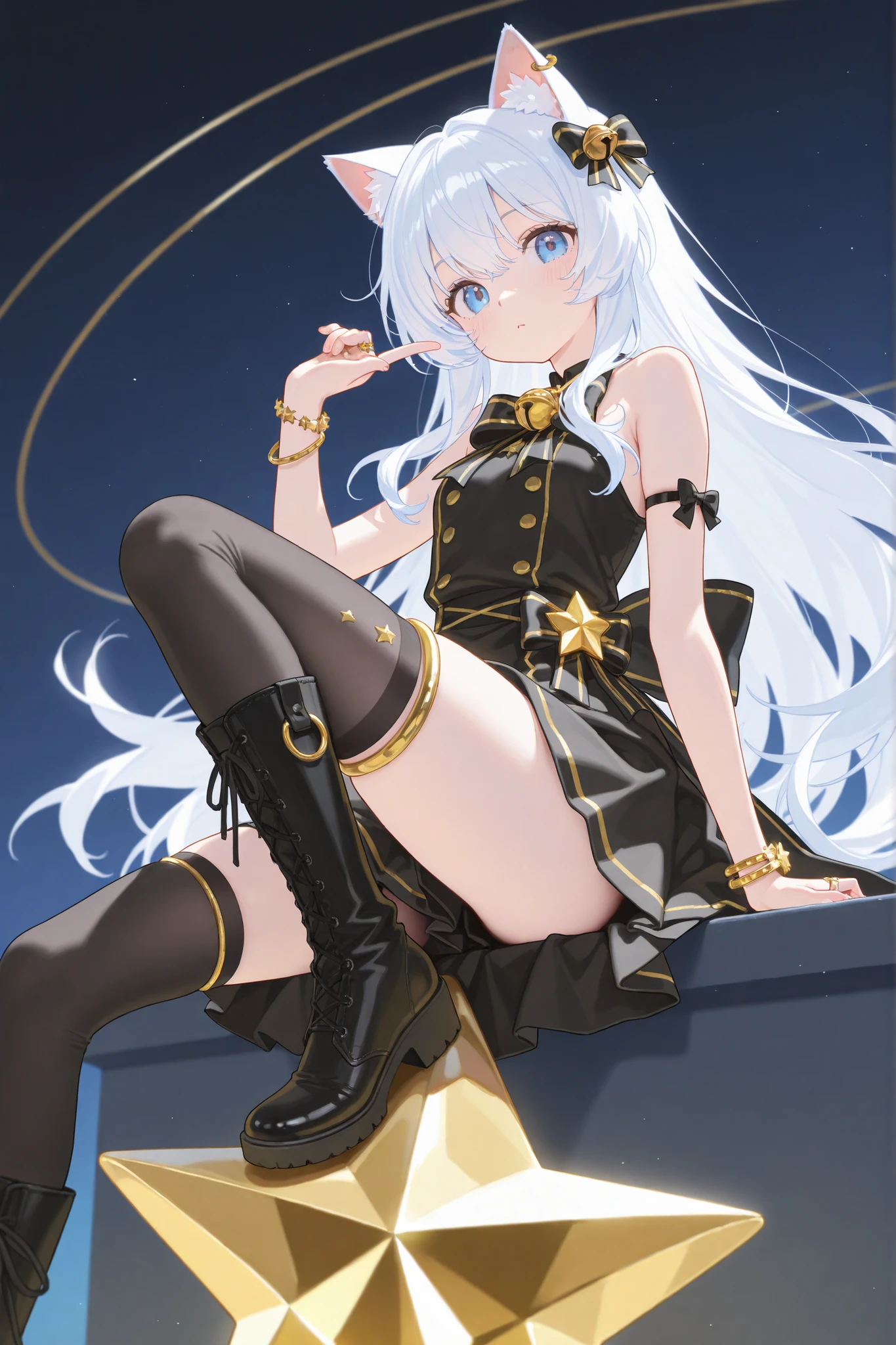 Cute girl with long white hair. Perfect blue eyes, face, open mouth, black hat, long coat, close up, low angle, skirt flip, perfect legs, thighs!!!!, arms up bent, tight shirt, perfect breast, high socks,