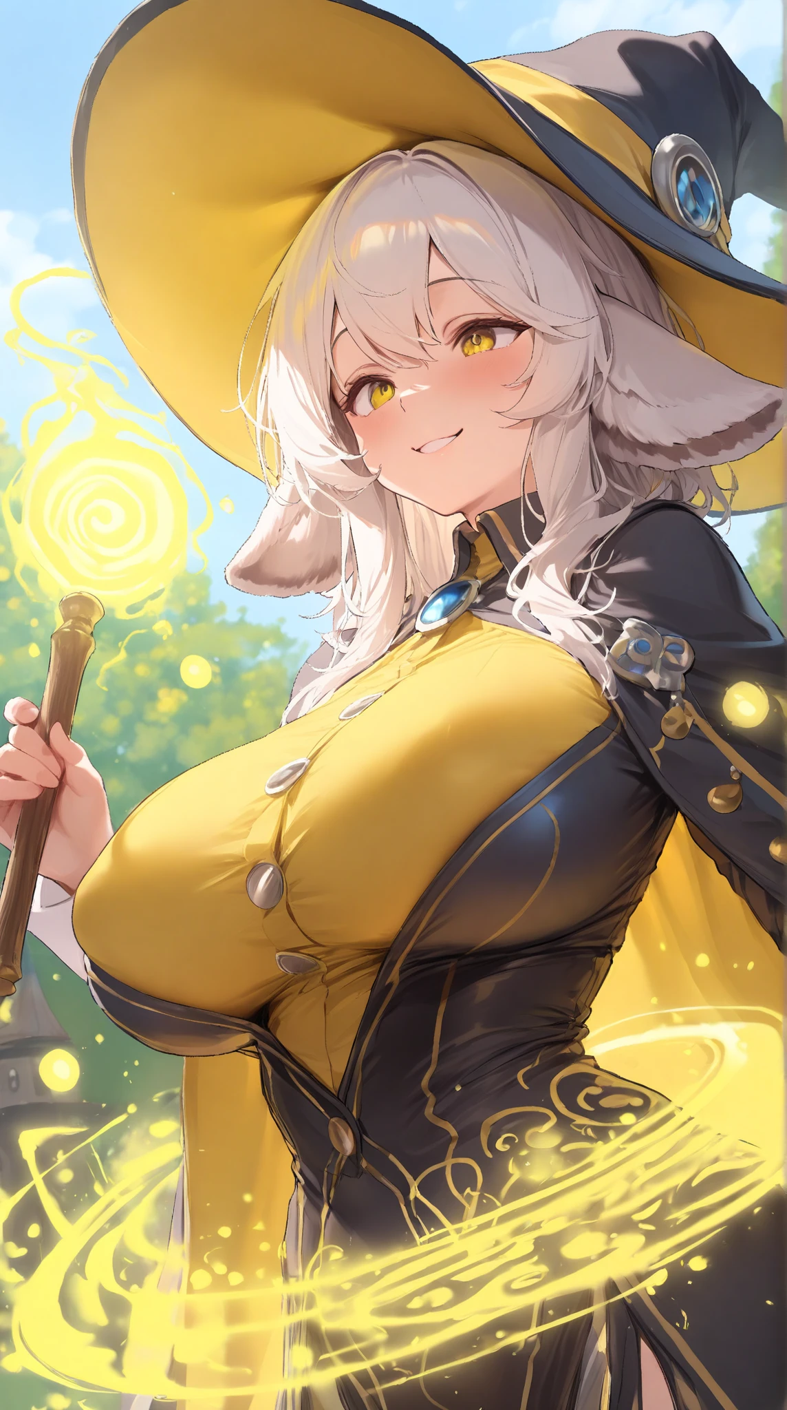 Girl, a strange, round golden hat with beautiful decorations on it, blond hair, blue eyes, tight white clothes that cover the entire body, big breasts.