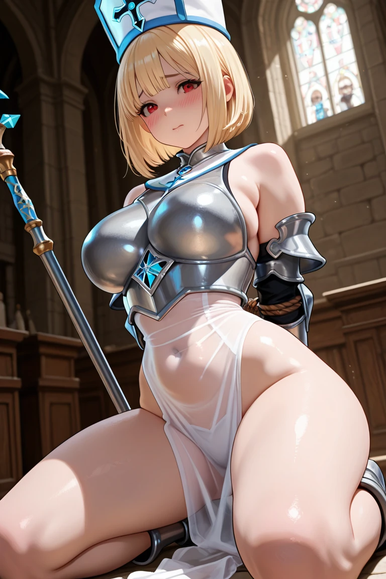 realistic adult woman, White hair, purples eyes, overskirt, black bikini, visible naked breasts showing, natta, holding sword, armour, nude breasts, showing her pert ass on all fours, com nude showing her pert ass on all fours,