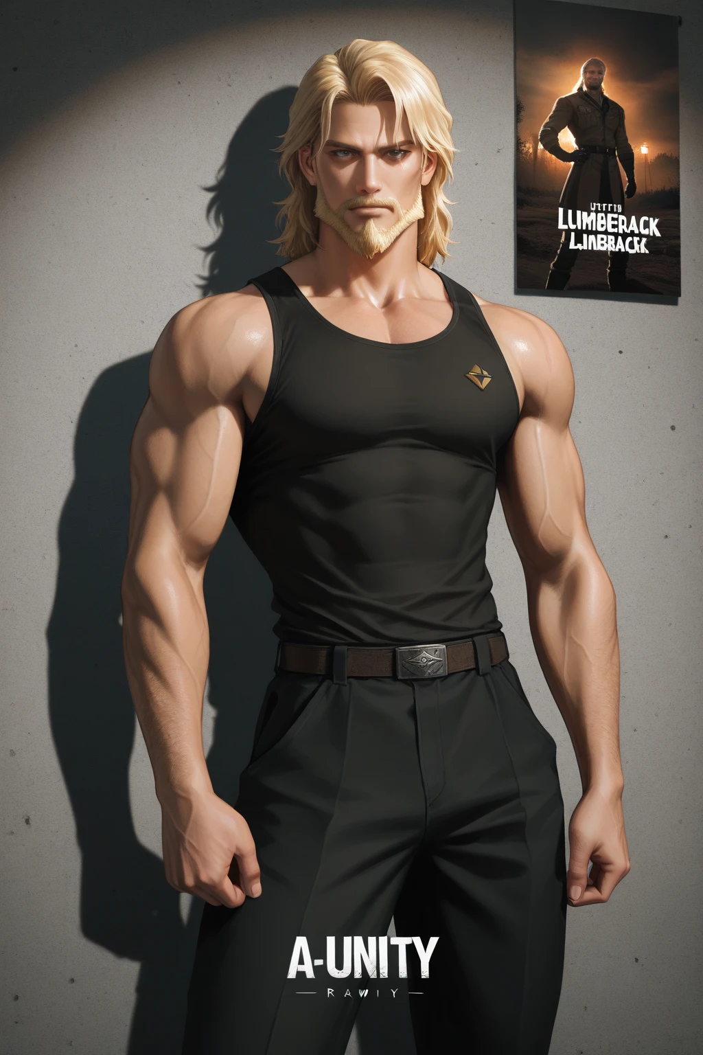 Full body image of a very muscular, tall, (handsome), strong ((25 year old)) male ((bodybuilder)) with ((very long straight blonde hair)), hazel eyes, ((skin-revealing burgundy t-shirt)), ((black ripped skinny jeans)), black combat boots, and a black leather belt. (Huge hairy pecs), fully clothed, huge arms. Big biceps. Big quads, VPL, Intricate. Homoerotic. Many rings, necklaces, and jewelry. (Eyeliner), Intimidating pose. Gothic mansion background. ((Many piercings and tattoos.)) Photorealistic. Ultradetailed. ((Viking aesthetic)), Looking at viewer. Sharp focus. (Masculine)