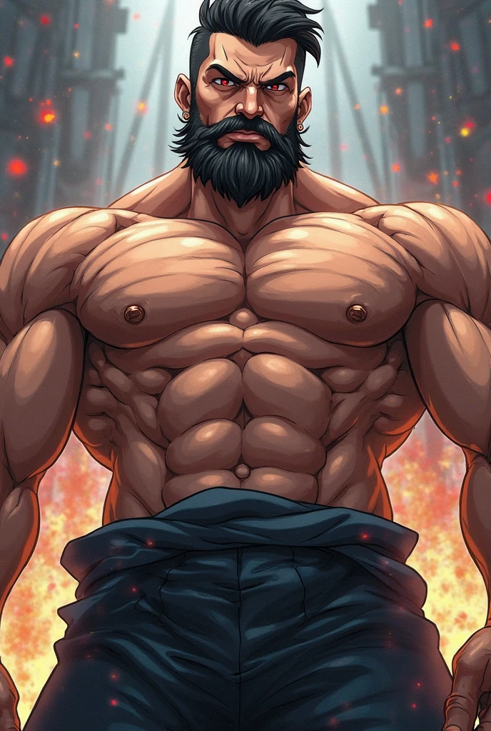 Muscular anime man with beard grabbing his dick