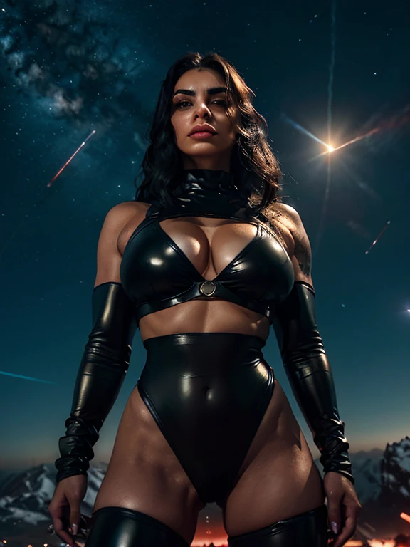 women, dark skin, blakc long hair, black sunglasses,, white  Bodysuit, belt,big breast, standing,