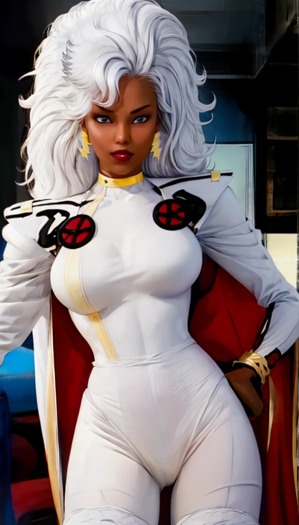 score_9_up, score_8_up, score_7_up, 1girl, solo, mature female, ((Storm)), afro skin color, white long hair, black eyes, pink lips, parted lips, fit slim body, ((perfect medium erected breast)), ((( tight white latex suit with gold, white cape))), (((hangar with airplanes))), perfect model body, looking at viewer, standing in seductive pose