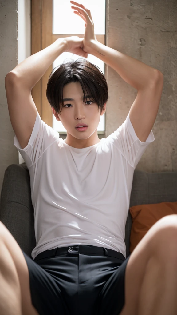 Young man, very pale, black hair, Red eyes, Masterpiece, in the background a cozy room, White T-shirt. defined body, a little muscular, male features.