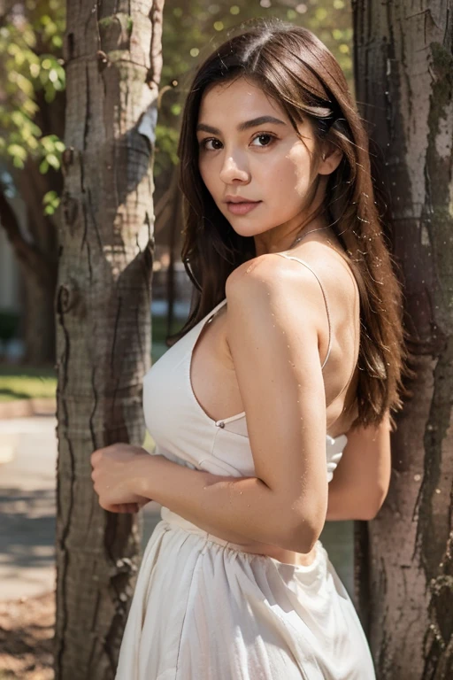 (Masterpiece:1.2, Best Quality), 1 girl, Spanish, 38 years, Delgado, slender, adjust shoulders and arms, Brown eyes, sharp eyes, Little mom, Leaning forward, in front of the viewer, dress, strappy sandals, blouse down, messy black hair, nature, serene spaces, on a stone, with Barcelona in the background, sacred Family, thin face,