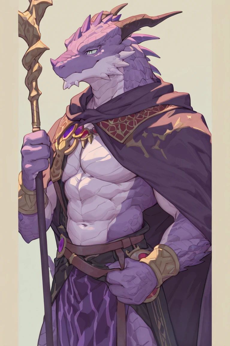 portrait, dragon, white scales, horns, green eyes, purple cloak, jewelry, smile, high detailed, by kenket, cinematic, complex background, shirtless, muscular, navel, full length shot, clawed hands, big pecs, big body, handsome, pink nipples, small belly, 1 tail, tiny purple speedo, big arms, big legs, big bulge
