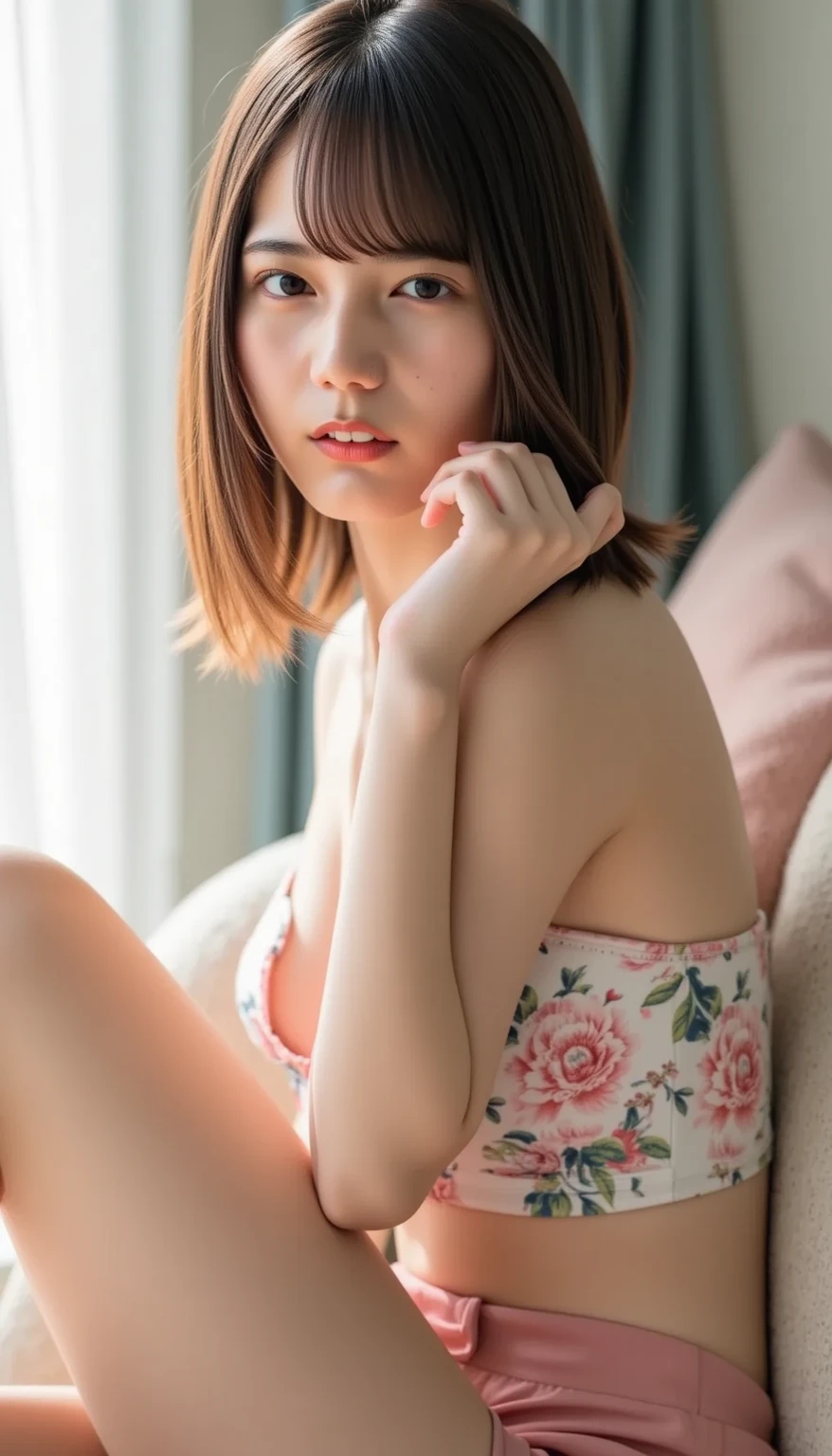 ashley, naked, ribbon on the neck, Skinny body, small bust, very feminine, lying down, sideways