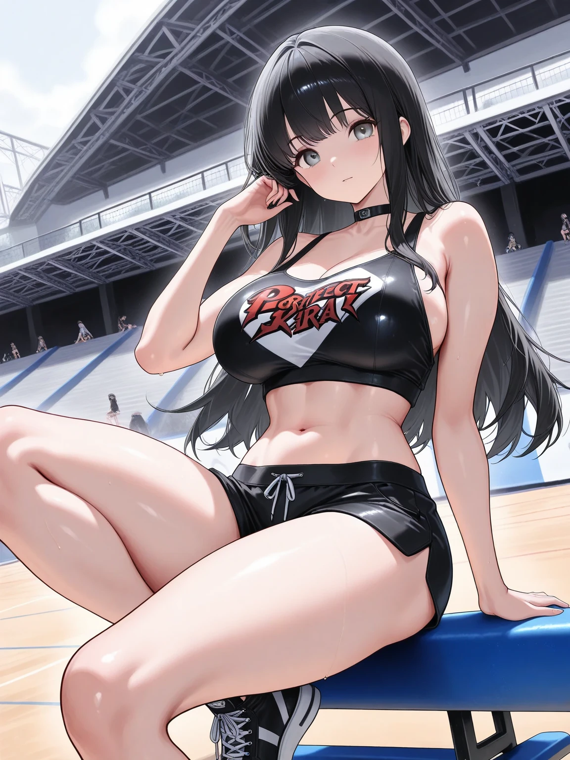 NSFW, sexy, A highly detailed and polished illustration of a cute girl wearing volleyball attire. She sits with her knees visible, leaning slightly forward and making a double peace sign with her hands, emphasizing the gesture. The background features a brightly lit cityscape at night with vibrant neon lights and colorful signs, creating a lively and warm atmosphere of a summer evening. Nearby, a yellow volleyball and a sports bag are placed. The girl has light makeup, with soft blush on her cheeks and natural-toned lipstick. Her hairstyle is well-groomed, possibly adorned with hairpins or ribbons. The image is designed in a square format, ensuring all elements fit well within the frame. The illustration is very detailed, with intricate shading and highlights to enhance the realism and depth of the scene. The girl is in a sexy pose, emphasizing her curves, captured from a dynamic angle that highlights her posture. --yellow volleyball, --double peace sign, --vivid colors, --dynamic pose, --sharp focus, --dramatic lighting, --realistic anatomy, --high_quality, --ultra_detail, --intricate_design, --extremely_detailed, --hyper_realistic, --zenith, --sexy