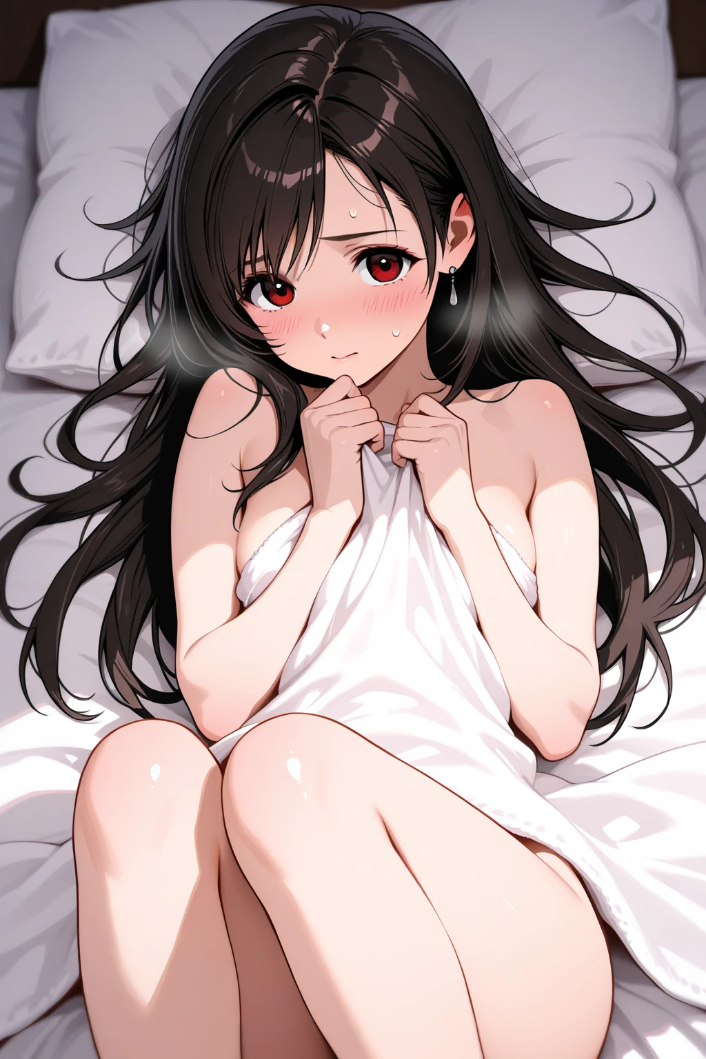 (8K, Raw photo, Highest quality, masterpiece:1.2,Perfect Anatomy),(fisheye lens),nsfw,Private room,Natural light,(((10 years old))),bed,(((sit))),Proudly,((flat chest)),thick nipples,light crimson nipples,Shapely nipples,Beautiful nipples,Shiny nipples,standard weight, Small Butt,Black Hair,Semi-long hair,Completely naked, sweat:1.2,Close-up from below,cowboy shot,Flushed expression,looking at the camera,Perfect vagina,Perfect anus,steam,(Spread your legs wide),(masturbation),Super baggy white tank top,bottomless,show off pussy,pussy juice