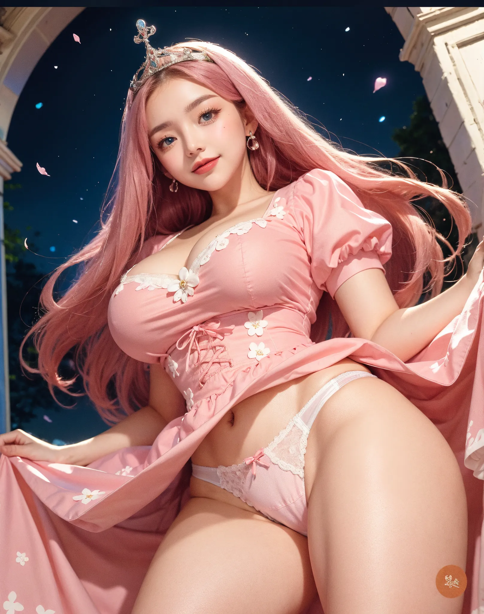 （Front Focus），（in the darkness nigth：1.6），Surrealist portraits of women by David Hockney and Alphonse Mucha，((ultra gigantic tits))、((Upper body naked))、( Exposed)、((Medieval city))，((A smile))、Fantasyart，((Long pink hair))、((Wearing glasses))、((Glasses woman))、((Sexy pink and gold cheongsam、Cheongsam with less fabric))、photographrealistic，动态照明，art  stations，poster for，Volumetriclighting，extra detailed face，4 k''，((Colossal tits))、Beautifully embroidered award-winning gold and pink sexy cheongsam，With diamonds，Sexy thighs，Decorated with fine embroidered dress costumes and fine jewelry，exposing the abdomen ,Chest 1 Girl, In the Dark, deepshadow, low tune, Cowboy Shot,(official clothing:1.4), The eyes are confused and seductive，legs separated