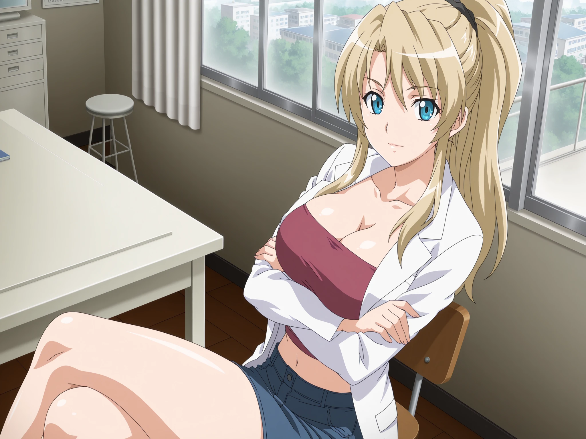 , (Spread your legs)、 (White panties), policewoman, Blue uniform、Miniskirt Police、White shirt, sunny,, Mature Woman, Anime cel style, highest quality, High resolution, One girl, (Large Breasts:1.2), Beautiful Face, Beautiful fingers, Beautiful long legs, Beautiful body, Beautiful Nose, Beautiful character design, Blonde, bangs, blue eyes, View Viewer, Cowboy Shot, blush、Embarrassed look、Nipples are visible、