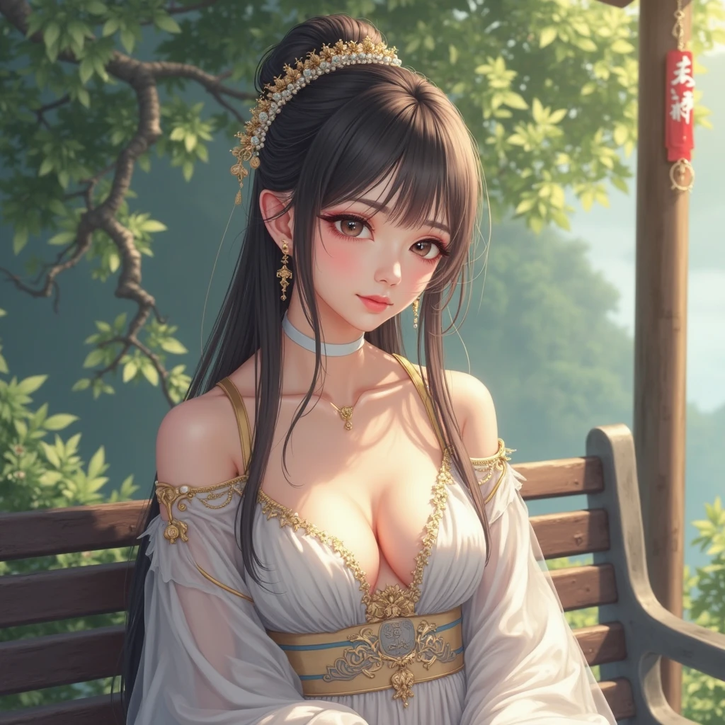 upper body, oil painting, masterpiece, best quality, highres, long brown hair, jewelry hairpin, large breast,riverside and rock or temple or bridge, extremely clothes, sitting, (song Dynasty, song clothing:1.2), 