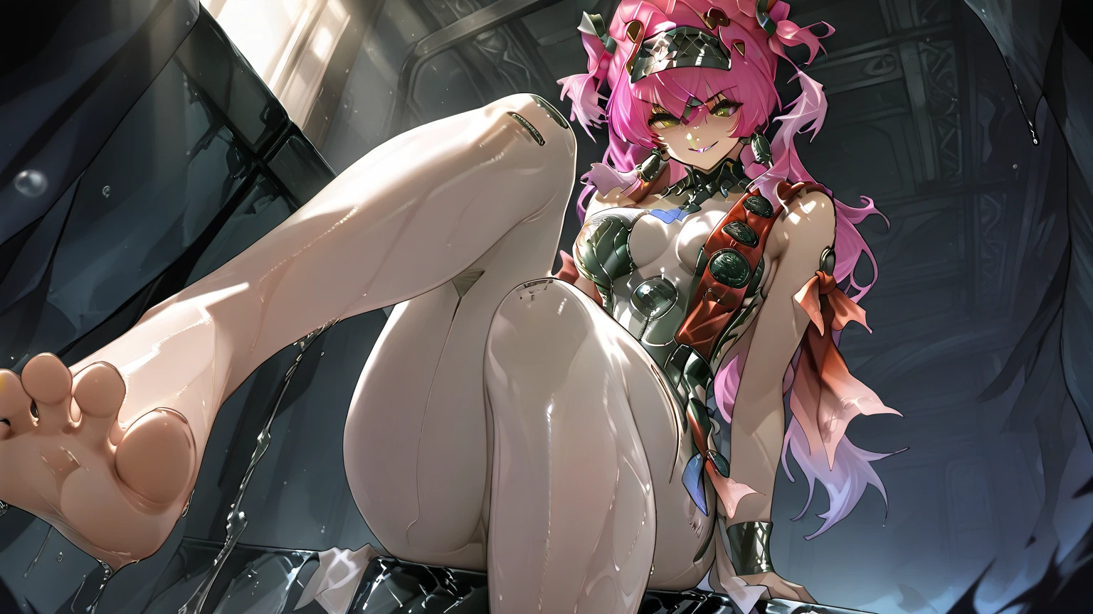 ((female)), (long pink and very messy hair), braids, (he used to smile), fangs, ((torn abdomen)), Toned arms and legs, (ela tem um piercing no umbigo, Medium bare breasts), excessive sweat, (at beach), ((pink eyes)), Feet well detailed with pink socks just above the knee with black straps on the thighs, ((very sexy)), face perfect, There are no panties drawn on the vagina, (She is standing with her legs open showing off her beautiful, undefined, tight little pussy and her beautiful, perfect naked breasts) imagem full hd, 4K , High definition
