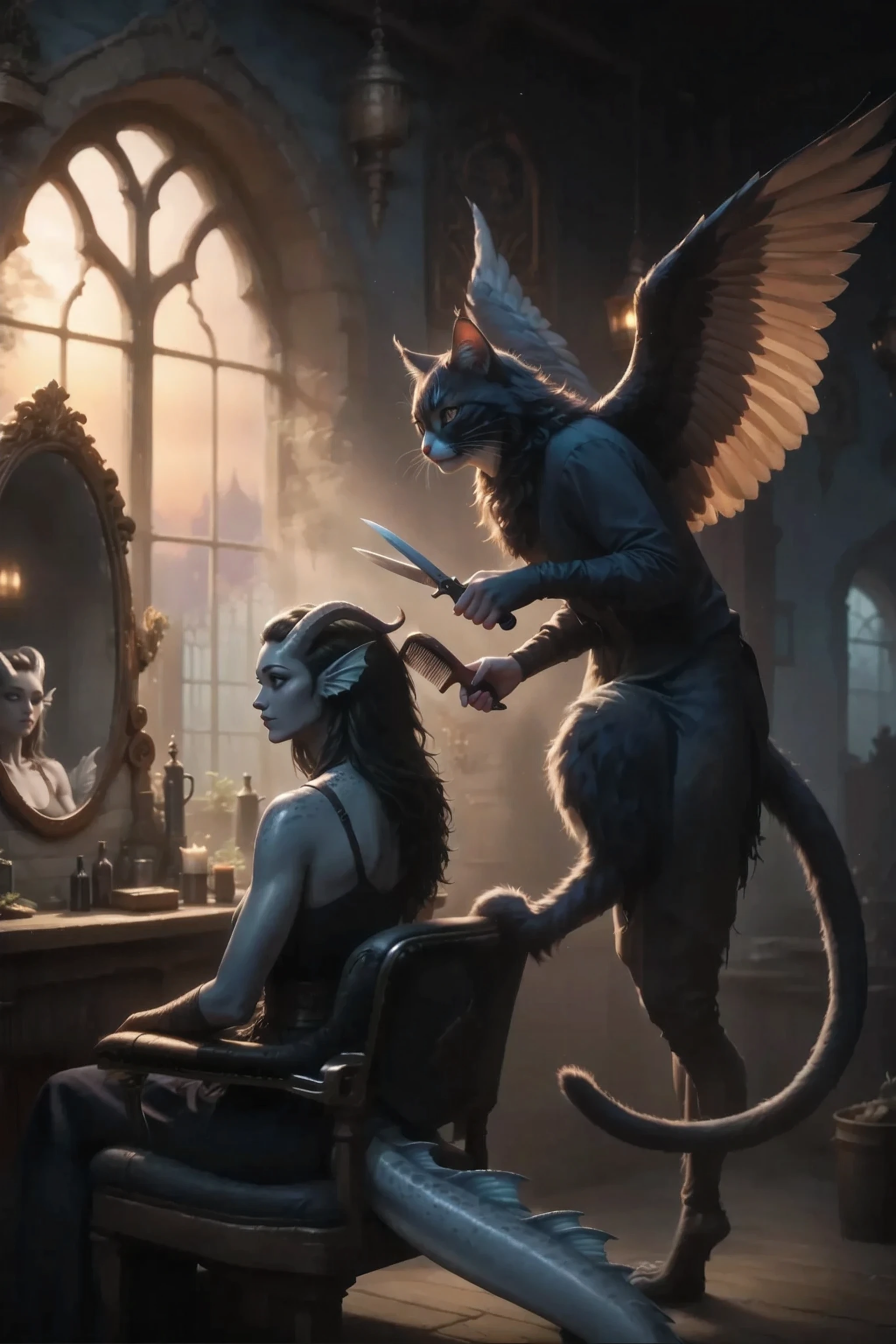 A tall cat with wings with a comb in one leg and scissors in the other leg cuts Kedra's hairstyle with dark blue-gray leather with fins on its head with horns on its head with one completely black eye sitting in a chair in front of a mirror at a cat hair salon, Side view in the projection.
view through the glass . A warm dawn light enters through the window, highlighting the dust in the air. An old medieval barber house.
Unrealistic image, amazing quality, 8 thousand., Ultra HD, impressive lighting, fantasy genre, dramatic lighting. Highly detailed digital art style.